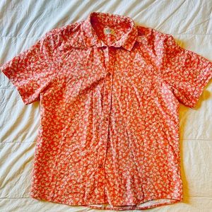 Marine Layer Knit Button Up Salmon Coral Pink Palm Tree Short Sleeve Shirt